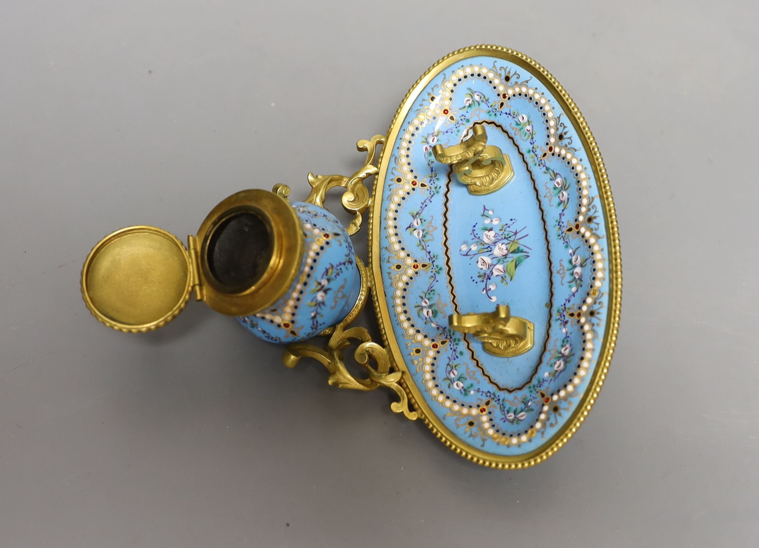 A French gilt metal and ‘jewelled’ enamel inkstand 15cm wide